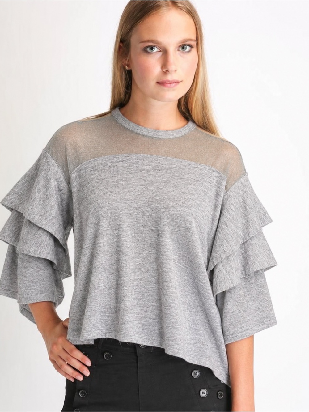 Grey Illusion Neck Ruffle Tiered Womens Top
